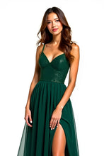 Long Beaded Dark Green Tulle Formal Dress with Slit