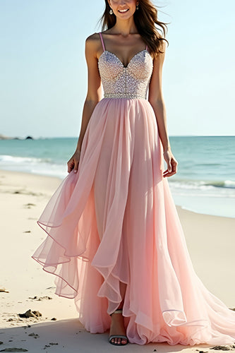 Beaded Long Blush A Line Tulle Wedding Guest Dress
