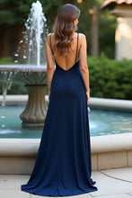 Long Chiffon Navy Sheath Wedding Guest Dress with Slit