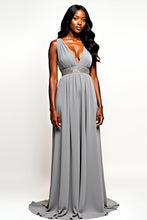 Long Chiffon Grey V-Neck Wedding Guest Dress with Beading