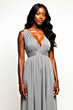 Long Chiffon Grey V-Neck Wedding Guest Dress with Beading