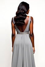 Long Chiffon Grey V-Neck Wedding Guest Dress with Beading