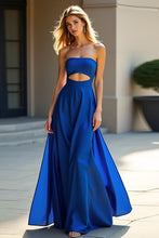 Keyhole Long Royal Blue Strapless Satin Wedding Guest Dress