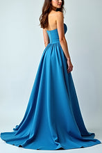 Ruched Long Blue Strapless Wedding Guest Dress with Slit