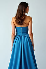 Ruched Long Blue Strapless Wedding Guest Dress with Slit