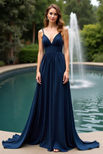 Navy A Line Long Chiffon Spaghetti Straps Wedding Guest Dress