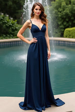 Navy A Line Long Chiffon Spaghetti Straps Wedding Guest Dress