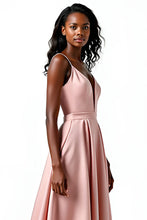 Spaghetti Straps Blush A Line Long Satin Wedding Guest Dress