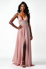 Long Chiffon Blush A Line Beaded Wedding Guest Dress with Slit