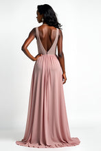 Long Chiffon Blush A Line Beaded Wedding Guest Dress with Slit