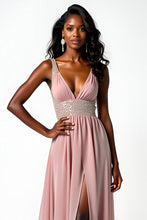 Long Chiffon Blush A Line Beaded Wedding Guest Dress with Slit