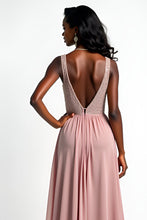 Long Chiffon Blush A Line Beaded Wedding Guest Dress with Slit