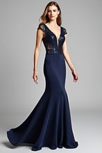 Mermaid Navy Deep V-Neck Long Formal Dress with Cap Sleeves