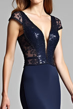 Mermaid Navy Deep V-Neck Long Formal Dress with Cap Sleeves