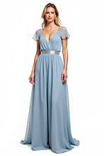 Dusty Blue A Line V-Neck Long Wedding Guest Dress with Short Sleeves