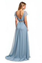 Dusty Blue A Line V-Neck Long Wedding Guest Dress with Short Sleeves