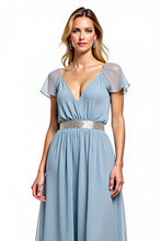 Dusty Blue A Line V-Neck Long Wedding Guest Dress with Short Sleeves