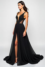 Long Beaded Black A Line Cut-Out Formal Dress with Slit