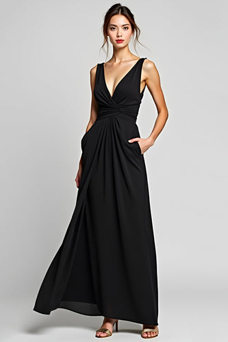 Black A Line Deep V-Neck Long Chiffon Ruched Black Tie Dress