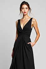 Black A Line Deep V-Neck Long Chiffon Ruched Black Tie Dress