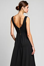 Black A Line Deep V-Neck Long Chiffon Ruched Black Tie Dress