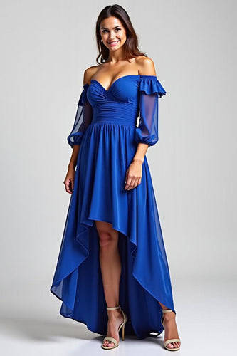 Royal Blue Off the Shoulder High-Low Formal Dress with Half Sleeves