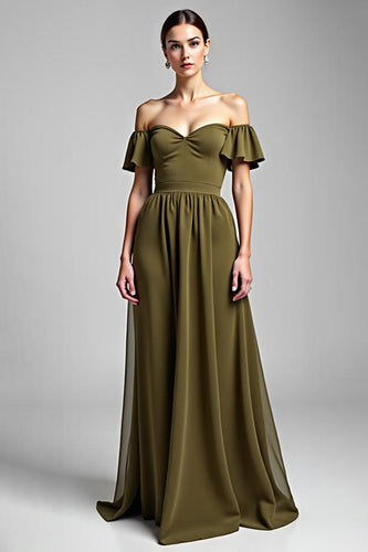 A Line Olive Chiffon Long Formal Dress with Ruffles