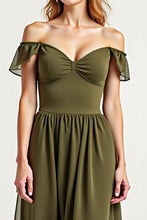 Off the Shoulder Olive Chiffon Long Formal Dress
