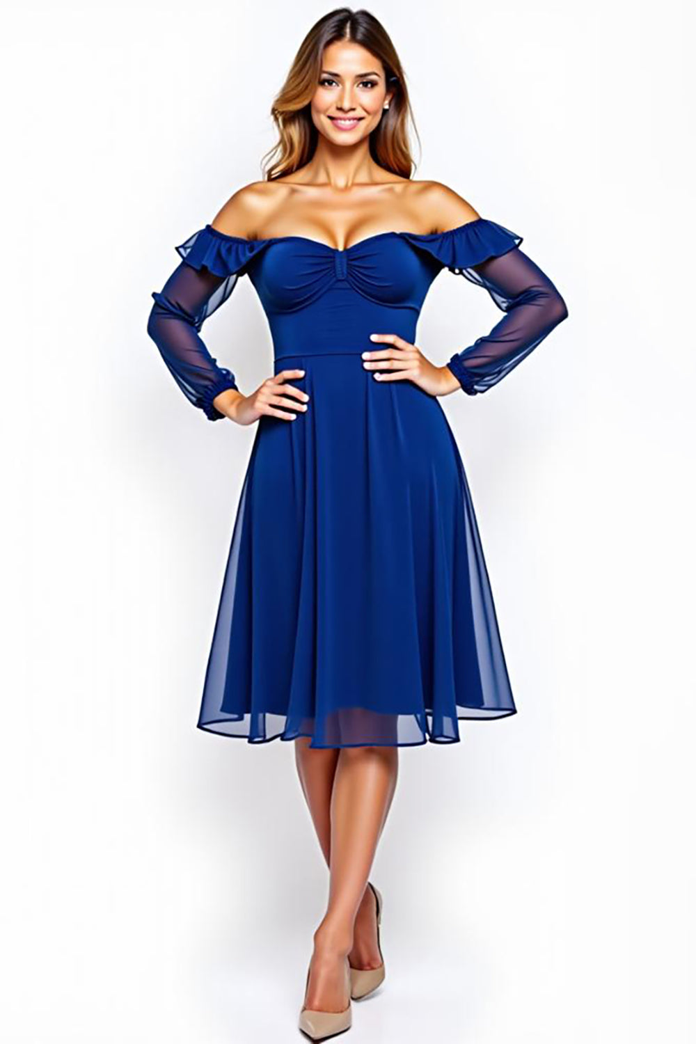 Royal Blue Off the Shoulder Chiffon Knee-Length Formal Dress Anna PromDress Royal Blue Off the Shoulder Chiffon Knee-Length Formal Dress Anna PromDress