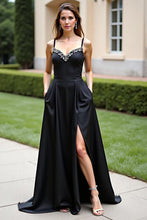 Black Spaghetti Straps A Line Long Formal Dress with Slit