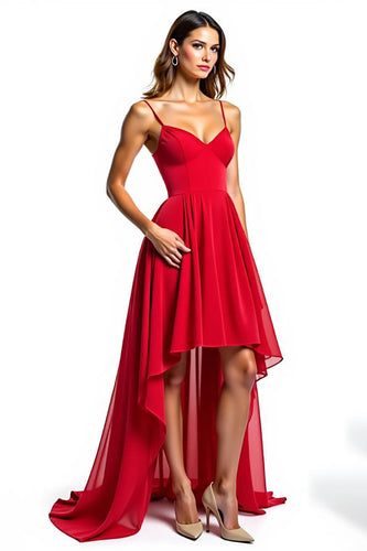 Spaghetti Straps Red Chiffon High-Low Formal Dress
