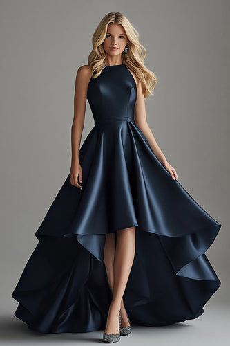 A Line Navy Satin Scoop High-Low Formal Dress