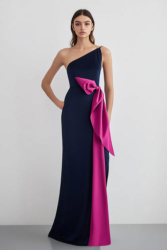 Navy Fuchsia One Shoulder Satin Sheath Formal Dress