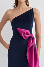 Navy Fuchsia One Shoulder Satin Sheath Formal Dress