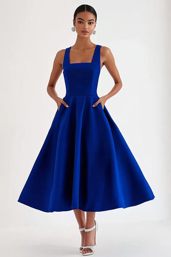 A Line Royal Blue Square Neck Tea-Length Formal Dress