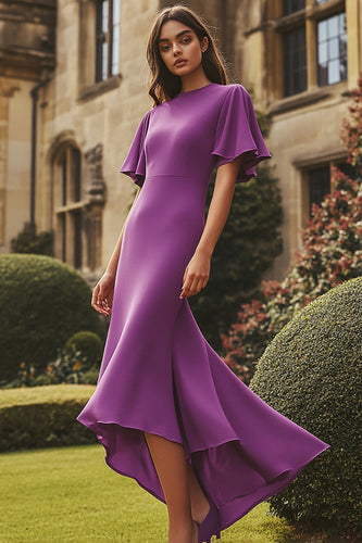 Round Neck Plum Short Sleeves Tea-Length Formal Dress