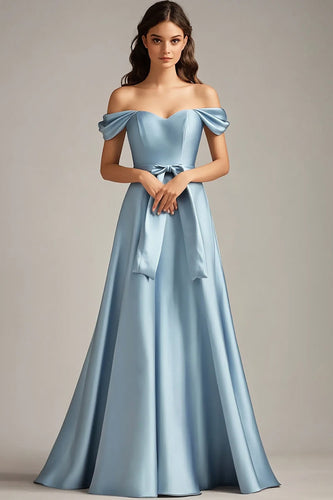 A Line Bowknot Sky Blue Satin Long Formal Dress
