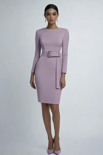 Lilac Round Neck Sheath Short Formal Dress with Long Sleeves