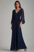 Navy V-Neck Chiffon Long Formal Dress with Half Sleeves