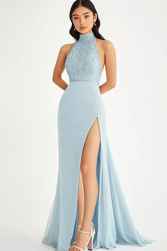 Halter Neck Sky Blue Chiffon Long Formal Dress with Slit