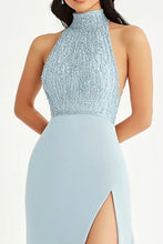 Halter Neck Sky Blue Chiffon Long Formal Dress with Slit