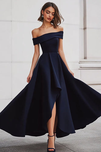 A Line Black Off the Shoulder Long Formal Dress with Slit