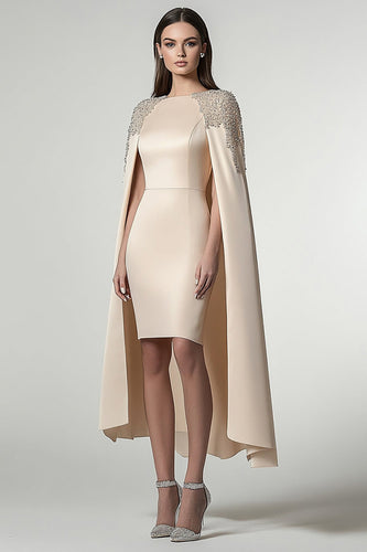 Sheath Champagne Satin Knee-Length Formal Dress with Shawl
