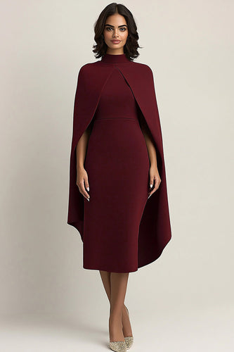 Burgundy High Neck Sheath Knee-Length Formal Dress with Shawl