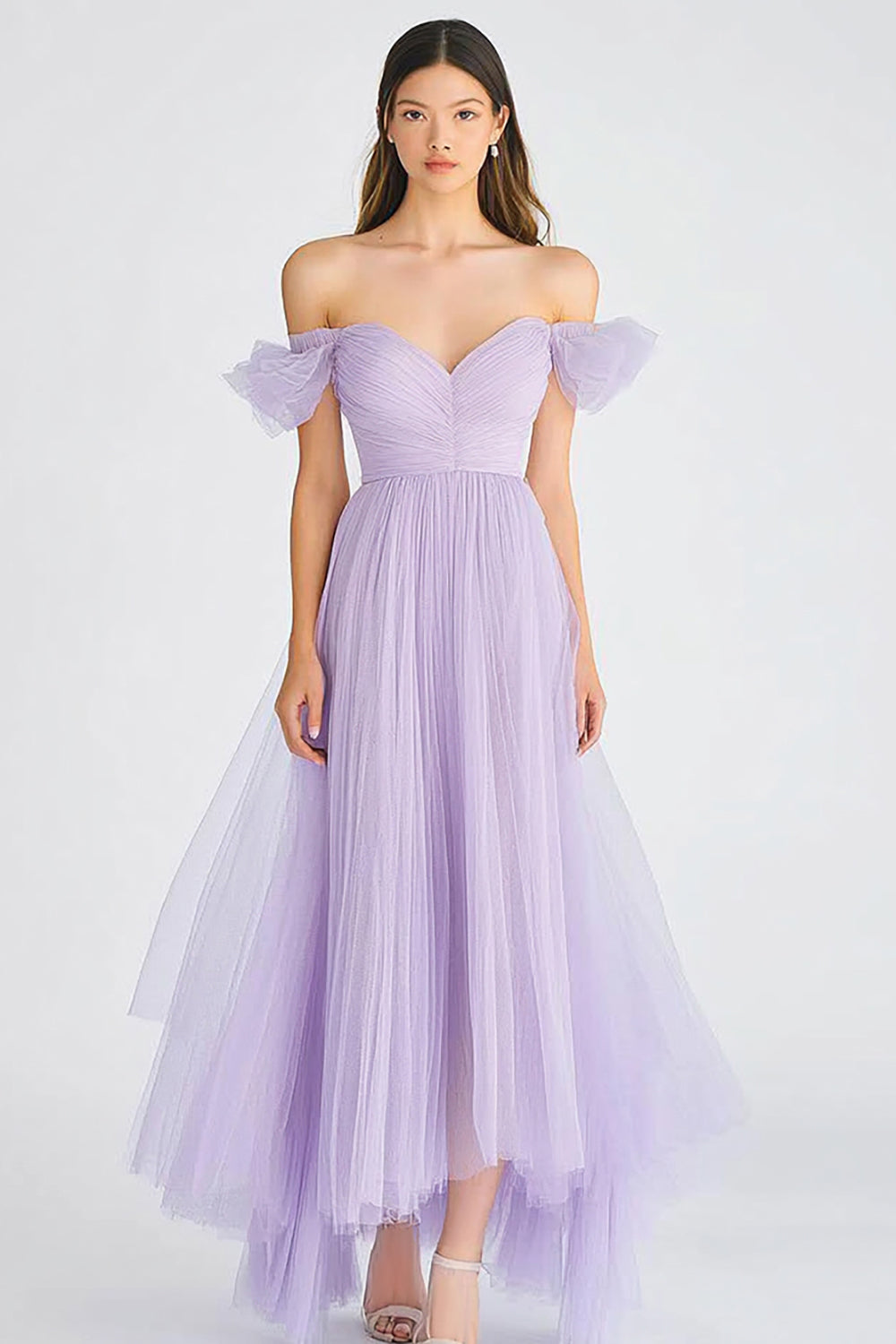 Off the Shoulder Lilac Tulle Asymmetrical Long Formal Dress – Anna PromDress