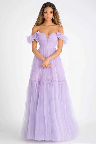 Off the Shoulder Lilac A Line Tulle Long Formal Dress