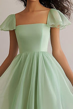 A Line Light Green Square Neck Long Formal Dress