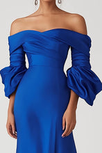 Satin Royal Blue Off the Shoulder Long Formal Dress with Half Sleeves