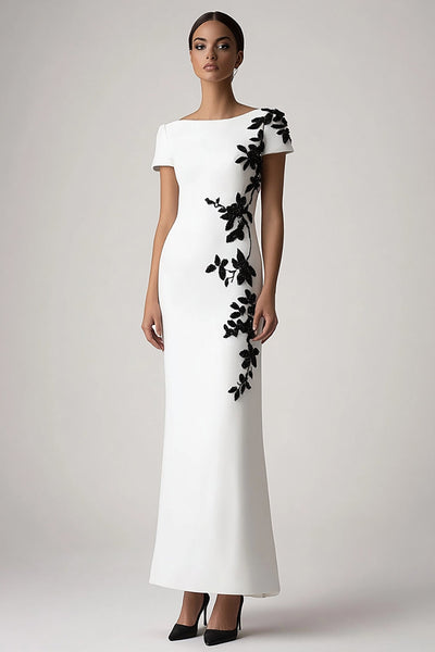 Appliqued White Sheath Long Formal Dress with Short Sleeves