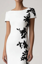 Appliqued White Sheath Long Formal Dress with Short Sleeves